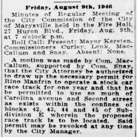 Marysville Race Track (Blue Water Speedway) - 1946 Marysville Article On Creation Of Track From Dave Dobner